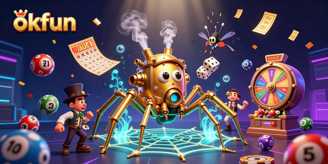 Spin for fortunes at okfun with a lively 3D steampunk spider and casino elements.