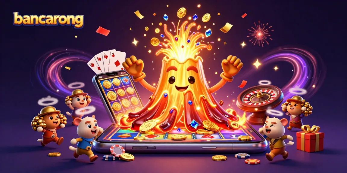 Bancarong casino scene with a jubilant volcano, treasure animals, and vibrant slot game action.