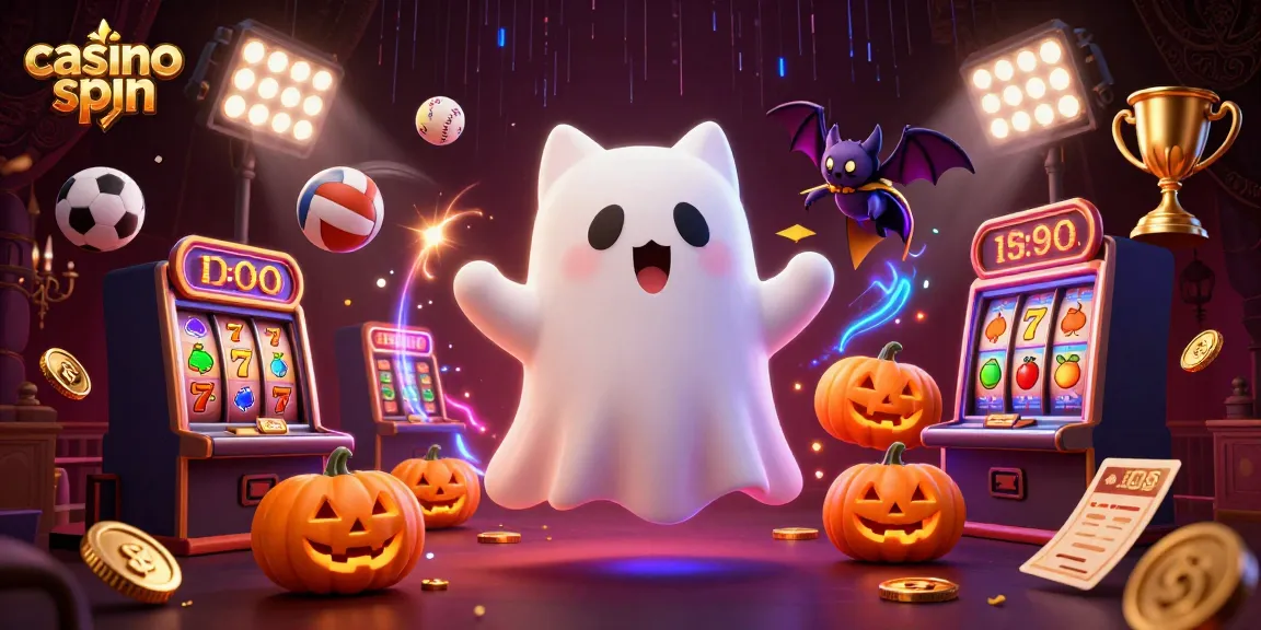 Casino spin characterizing a ghost cat and bat amidst engaging slot and sports elements in a vibrant 3D illustration