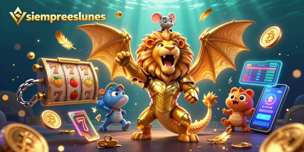 Engage in vibrant slots and jackpots with siempreeslunes showcasing a golden chimera and crypto elements.